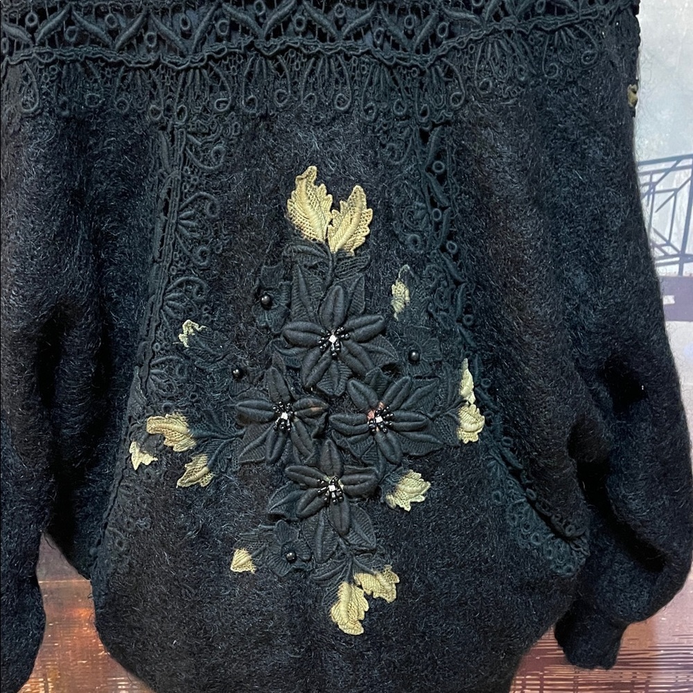 Vintage Rose Song Lined Wool Appliqué Jacket Sweater – Black Floral Beaded - Picture 10 of 17